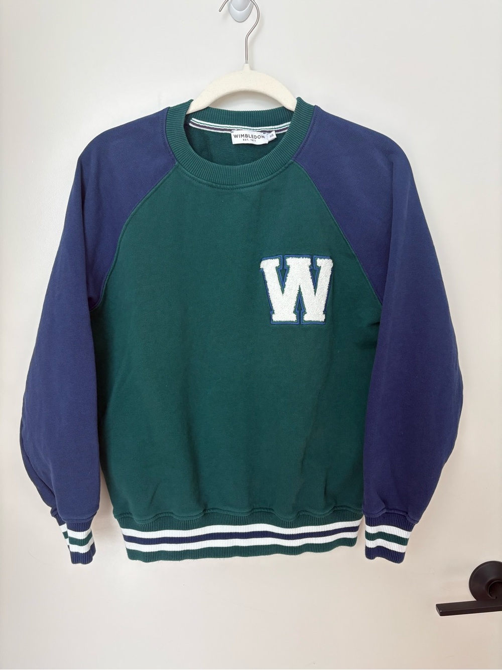 Wimbledon Tennis Preppy Navy Green Varsity Sweatshirt 'W' Cotton Collegiate XS
